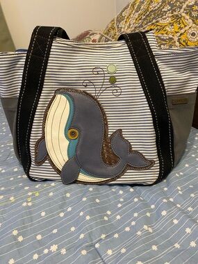 Chala Striped Whale Appliqué Tote – Navy, White & Gray. Lots of pockets